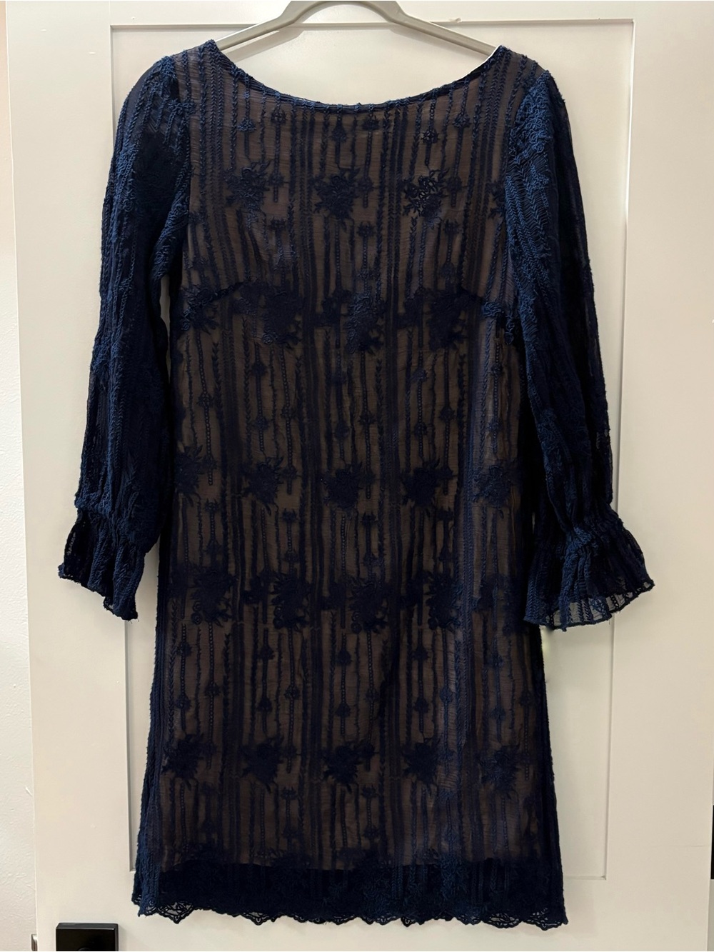 Sundance Angelina Navy Blue Embroidered Mesh Cupro Dress XS Boho
